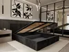 A modern bedroom with a storage bed frame open to reveal storage compartments. The bed is upholstered in black fabric and has a wooden slatted base. Produktbild-Vorschau