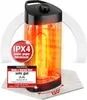 A black infrared heater with glowing orange heating elements, shown on a light gray surface with promotional overlays. Produktbild-Vorschau