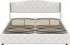 A white upholstered bed frame with a slatted base. Produktbild-Vorschau