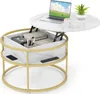 A round coffee table with a lift-top mechanism, storage compartments, and a metal frame, shown against a white background. Produktbild-Vorschau