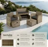 A rattan furniture set is displayed on a patio next to a swimming pool with a scenic view of the sea and hills in the background. Náhled obrázku produktu