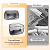 A comparison image showing a product's pop-up design versus an alternative with assembly required. Produktbild-Vorschau
