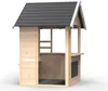 A wooden playhouse with a gray roof, shown from the front. Produktbild-Vorschau