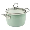 A light green enamel pot with a glass lid and silver handles, isolated on a white background. Produktbild-Vorschau