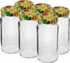 A group of six clear glass jars with decorative lids featuring a vegetable pattern. Anteprima dell’immagine prodotto