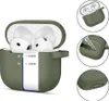 Collage of images showing an olive green silicone case for Apple AirPods, with close-ups of the case and its features. Produktbild-Vorschau