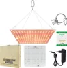 A flat lay of a full-spectrum LED grow light kit, including the light panel, power adapter, hanging kit, and packaging. Náhľad obrázku produktu