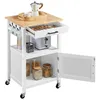 A white kitchen cart with a wooden top, open drawer, and cabinet door, displaying various kitchen items. Produktbild-Vorschau