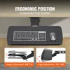 An under-desk keyboard tray with a keyboard and mouse, shown with diagrams illustrating height and angle adjustments. Produktbild-Vorschau