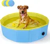 A dog is sitting in a blue and yellow dog pool filled with water. There are three colorful balls in the upper left corner of the image. Produktbild-Vorschau