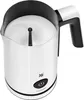 A white and silver milk frother with a black handle and lid interior, shown from a top-down angle against a white background. Voir les images du produit