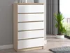 A modern chest of drawers with white drawers and a wood-effect frame, placed in a room with a window and a plant. Produktbild-Vorschau
