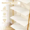 A close-up view of a white ladder shelf with gold metal supports, featuring marketing icons and text on the left side. Produktbild-Vorschau