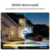 A split image showing a house at dusk with warm lighting on the left and a house and car at night with cool lighting on the right, illustrating adjustable light temperatures. Produktbild-Vorschau