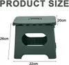 A dark green folding stool is shown from the front with dimensions indicated by text and lines. Produktbild-Vorschau