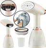 A collage of images showing a handheld garment steamer and its accessories, with one image demonstrating its use on a shirt. Produktbild-Vorschau