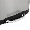 A close-up view of the handle and base of a stainless steel trash can. Náhled obrázku produktu