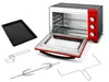 A red and silver mini oven with its door open, along with several accessories, is displayed on a white background. Produktbild-Vorschau