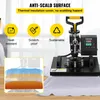 A heat press machine is shown with marketing text and icons highlighting its features. Podgląd zdjęcia produktu