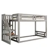 A gray wooden bunk bed with a safety staircase is shown against a white background. Produktbild-Vorschau