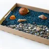 A wooden tray filled with blue rice, pebbles, and seashells. Produktbild-Vorschau