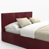 A close-up view of a bed with a red headboard and frame, dressed with white sheets and two beige pillows. Produktbild-Vorschau