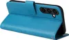 A blue flip case for a smartphone is shown open, revealing the phone's camera module. Produktbild-Vorschau