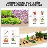 A collage of images showcasing a wooden raised garden bed with plants, gardening tools, and icons representing different types of plants. Produktbild-Vorschau
