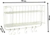 A white metal wall shelf with two tiers and six hooks, with dimensions indicated by measurement lines and text. Náhľad obrázku produktu
