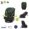 A collage of images showcasing a green and black child car seat from different angles and with accompanying icons. Produktbild-Vorschau