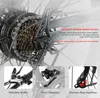 Close-up view of an electric bicycle's rear derailleur and gears, with inset images of the shifter and front derailleur. Produktbild-Vorschau
