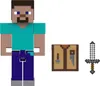A Minecraft action figure of Steve, a crafting table, and a sword are displayed against a white background. Produktbild-Vorschau