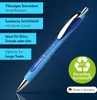 A blue ballpoint pen is shown against a dark blue background, with text boxes detailing its features and a recycling symbol. Podgląd zdjęcia produktu
