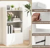 A white bookshelf with decorative items and books on display, alongside feature callouts. Produktbild-Vorschau