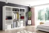 A bedroom scene with a large white wardrobe filled with clothes and storage boxes, next to a bed and a large window. Produktbild-Vorschau