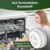 A woman is placing a product into a dishwasher. There is text overlaying the image. Produktbild-Vorschau