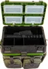 An open fishing tackle box with multiple compartments and storage bags. Produktbild-Vorschau