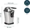 A product shot of a juicer with dimensions and specifications indicated by text overlays. Produktbild-Vorschau