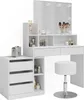 A white vanity table with a mirror and LED lights, along with a matching stool and a side cabinet with drawers and shelves, all set against a white background. Voir les images du produit