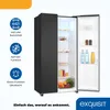 A black side-by-side refrigerator with its doors open, showcasing its interior and various features highlighted with icons and text on the left side. Produktbild-Vorschau