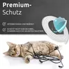 A cat is lying on its back, tangled in black cables, with a white cable protector and a shield icon in the background. Produktbild-Vorschau
