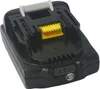 A black power tool battery pack with a yellow connector and a gray release lever. Náhled obrázku produktu