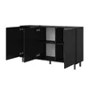 A black sideboard with three doors open, revealing shelves inside, set against a white background. Produktbild-Vorschau