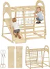 A collage of images showing a wooden Montessori climbing structure for children, with children playing on it, and separate components of the structure. Podgląd zdjęcia produktu