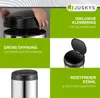 A collage of images showcasing a silver trash can with a black lid, highlighting its features and brand. Náhľad obrázku produktu