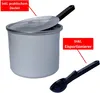An ice cream maker with a lid and an ice cream scoop, presented on a white background with marketing text overlays. Produktbild-Vorschau