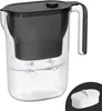 A clear water filter pitcher with a black lid and filter basket, filled with water. Podgląd zdjęcia produktu