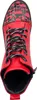 A top-down view of a red lace-up boot with a black and red patterned toe. Produktbild-Vorschau