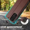 A brown leather phone case is shown in a dynamic, angled shot, suggesting it is being dropped. The background is blurred, showing trees and a road. Produktbild-Vorschau
