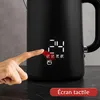A finger is shown touching the digital display of a black electric kettle, highlighting its touch panel feature. The display shows the current temperature and various preset temperature options. Náhľad obrázku produktu